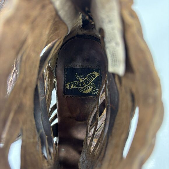 Freebird Booties Heel Bela braided laser cut brown leather Sz 8 Boho Westen - Picture 12 of 16